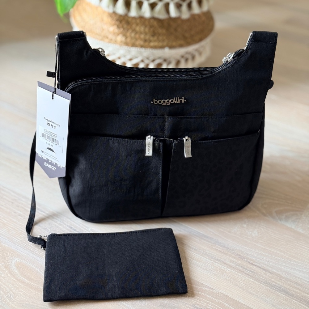 Baggallini Cross Over Crossbody with RFID Wristlet - Black Cheetah Print